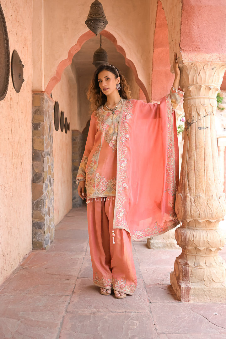 Radha | Peach Embroidered Pakistani Style Suit for Women