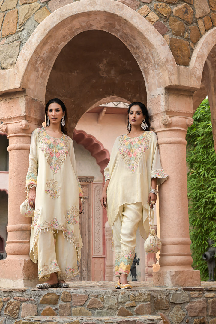 Chand | Beige Embroidered High low Suit