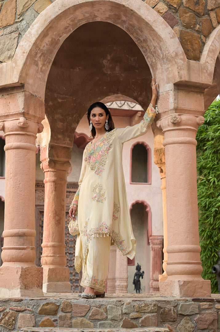 Chand | Beige Embroidered High low Suit