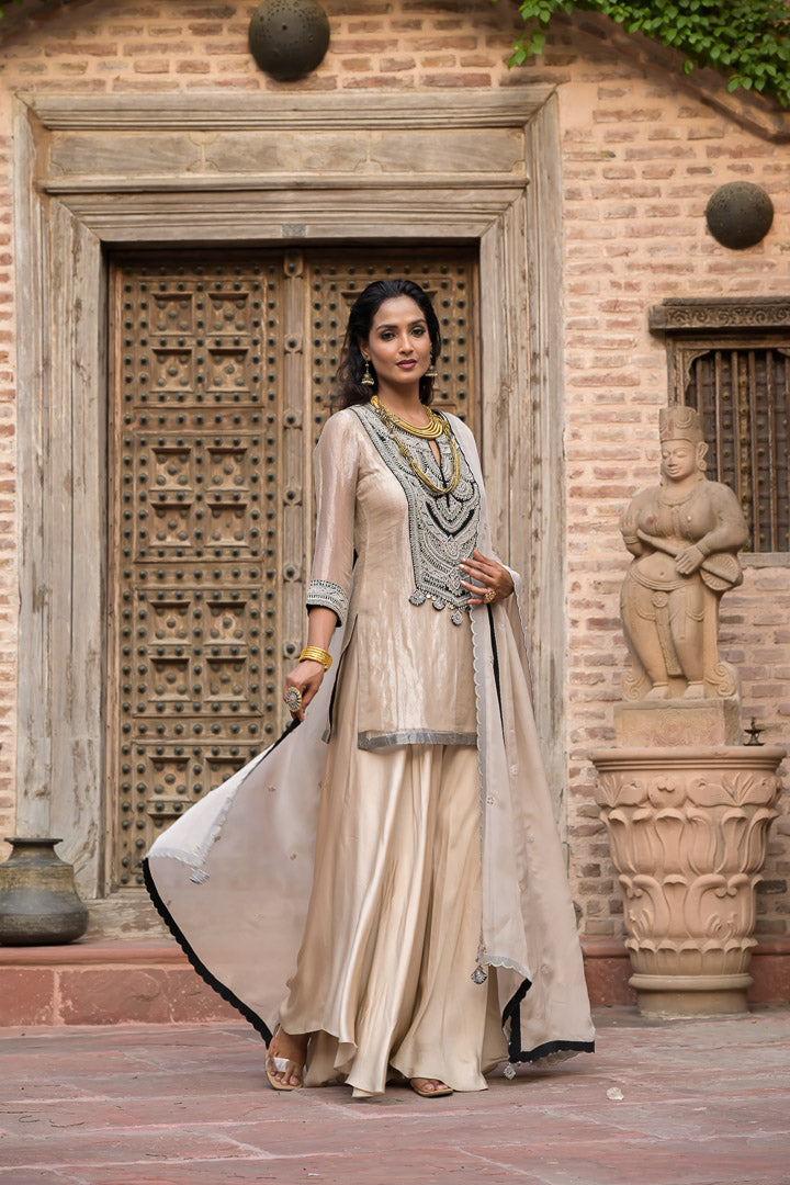 Resham | Luxury Beige Sharara Set with Embellished Kurta and Dupatta