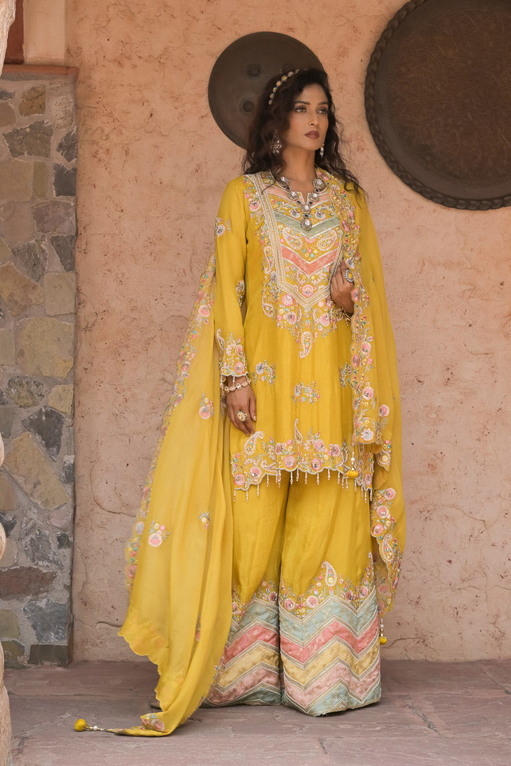 Rafiq | Yellow & Pastels Embroidered Palazzo Suit with Dupatta