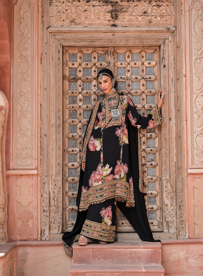 Nazaria | Black Floral Embroidered Indian Suit Set