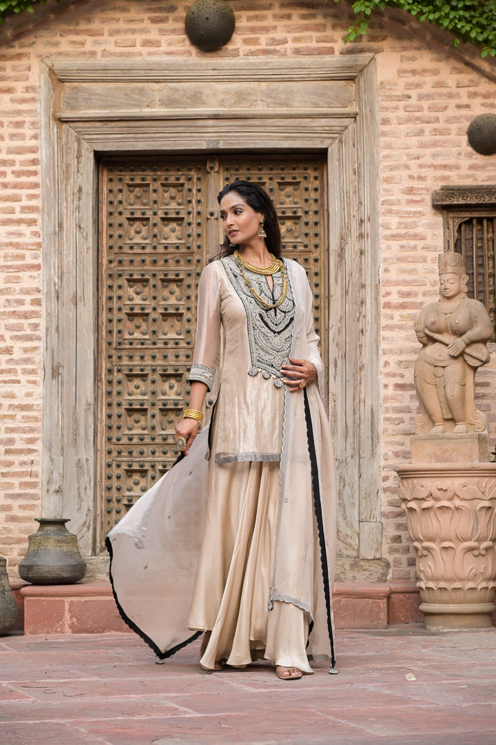 Resham | Luxury Beige Sharara Set with Embellished Kurta and Dupatta