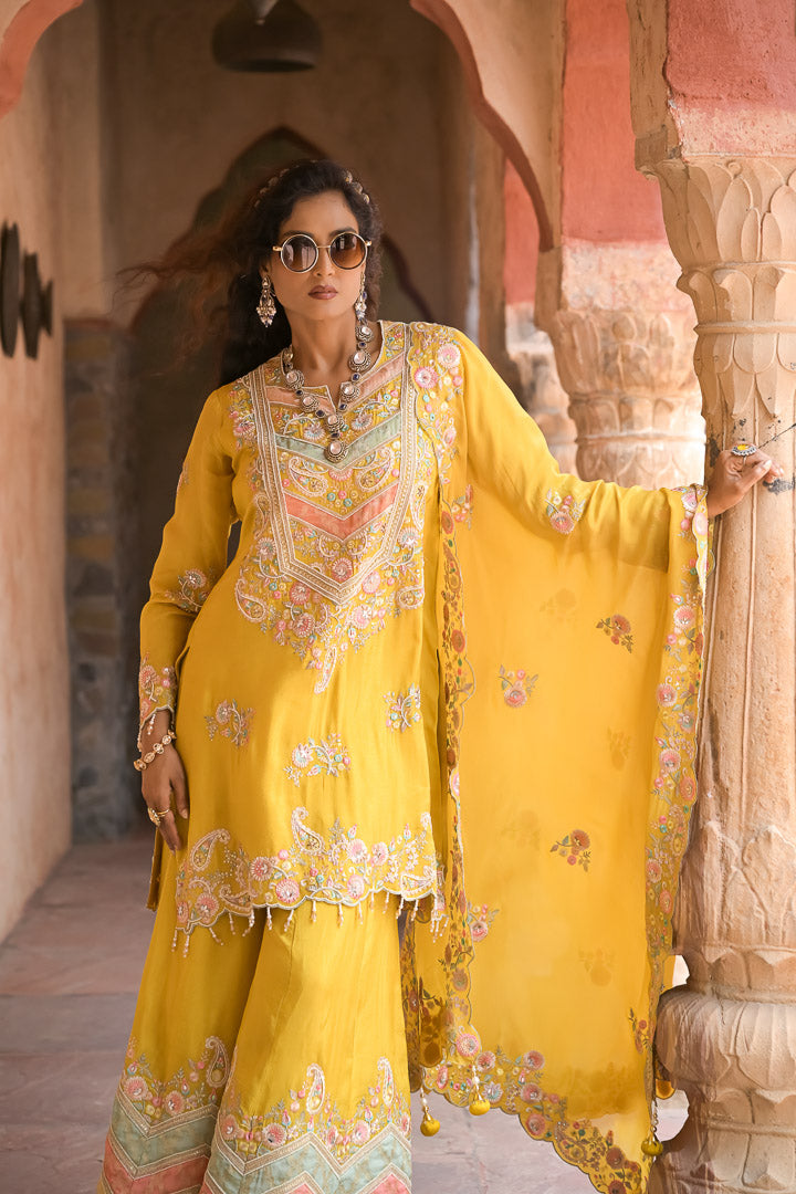 Rafiq | Yellow & Pastels Embroidered Palazzo Suit with Dupatta