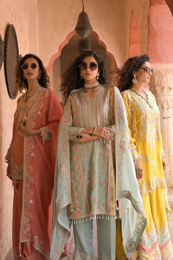 Heer | Pastel Green Embroidered Kurta Set with Straight Pants & Dupatta