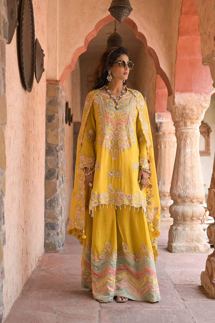 Rafiq | Yellow & Pastels Embroidered Palazzo Suit with Dupatta