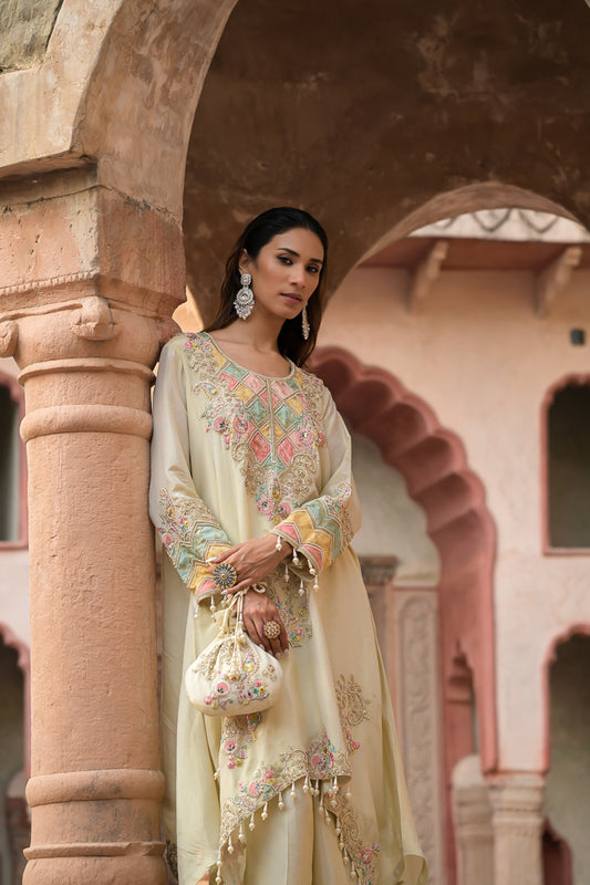 Chand | Beige Embroidered High low Suit