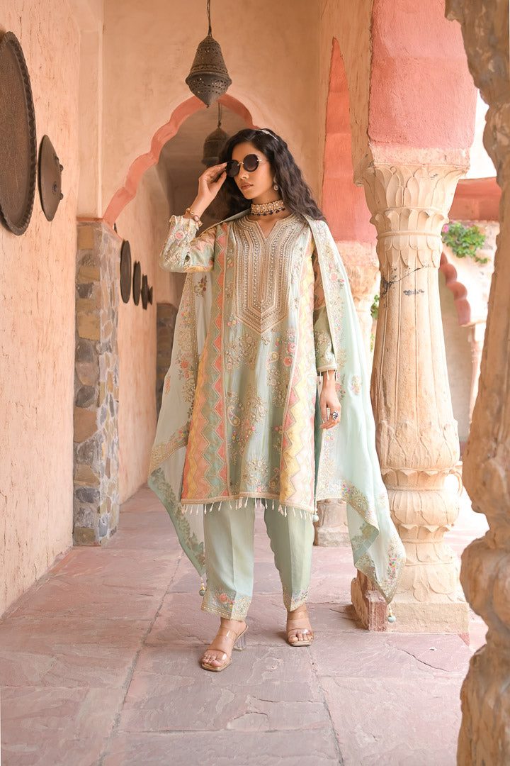 Heer | Pastel Green Embroidered Kurta Set with Straight Pants & Dupatta