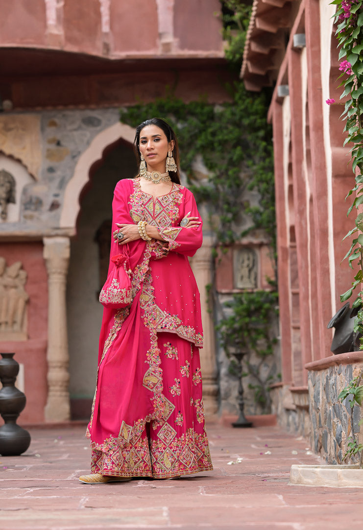 Jodha | Fuchsia pink embroidered palazzo suit set