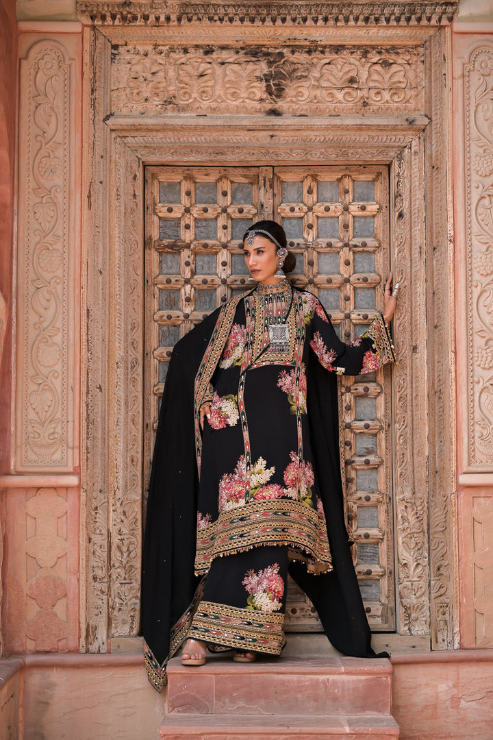 Nazaria | Black Floral Embroidered Indian Suit Set