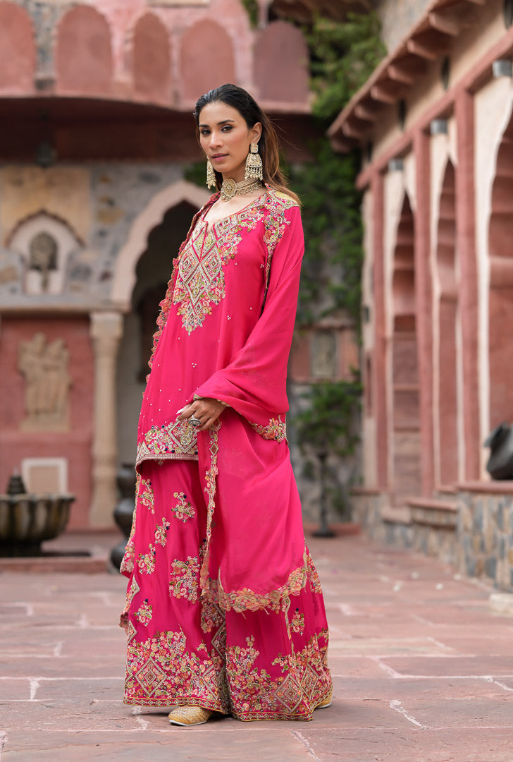 Jodha | Fuchsia pink embroidered palazzo suit set