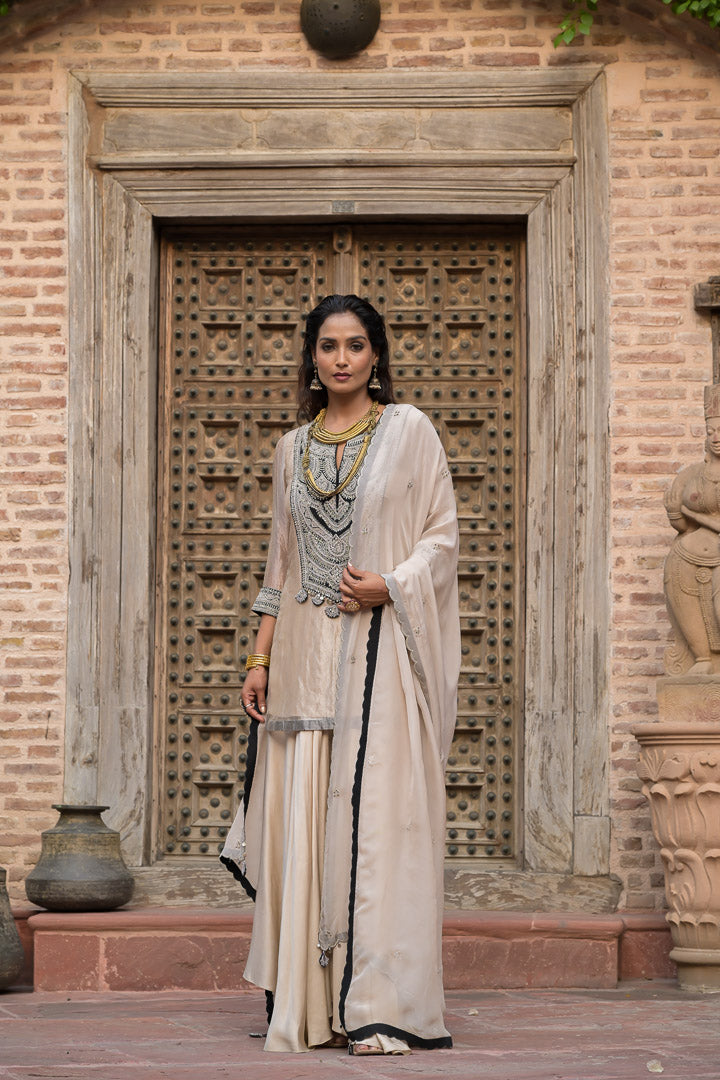 Resham | Luxury Beige Sharara Set with Embellished Kurta and Dupatta