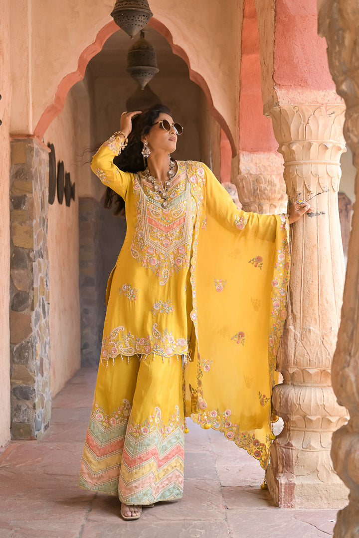 Rafiq | Yellow & Pastels Embroidered Palazzo Suit with Dupatta