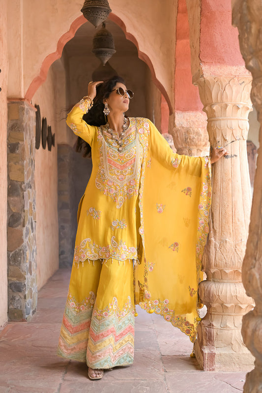 Rafiq | Yellow & Pastels Embroidered Palazzo Suit with Dupatta