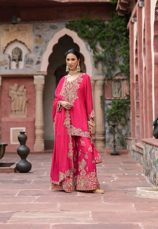 Jodha | Fuchsia pink embroidered palazzo suit set
