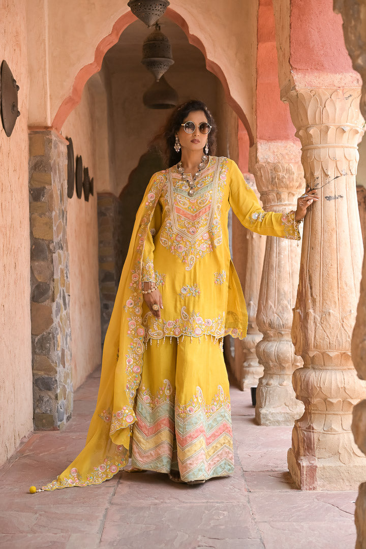Rafiq | Yellow & Pastels Embroidered Palazzo Suit with Dupatta