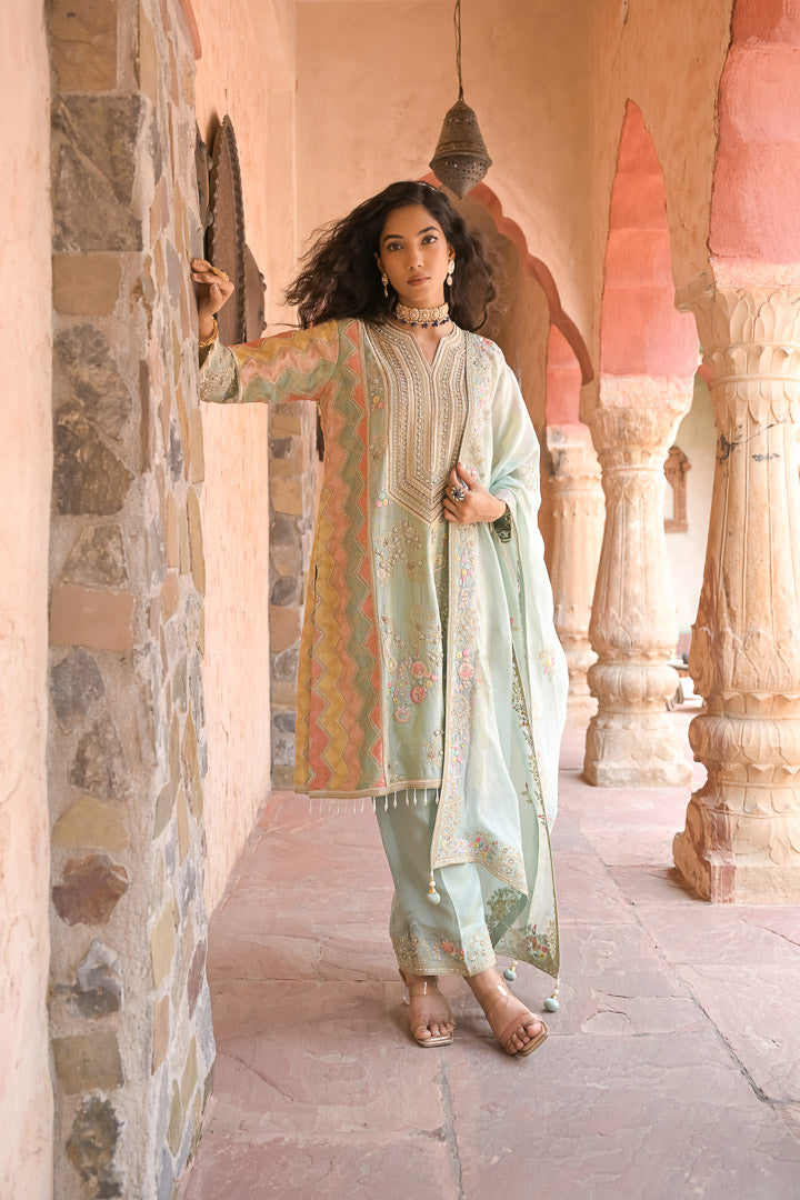 Heer | Pastel Green Embroidered Kurta Set with Straight Pants & Dupatta