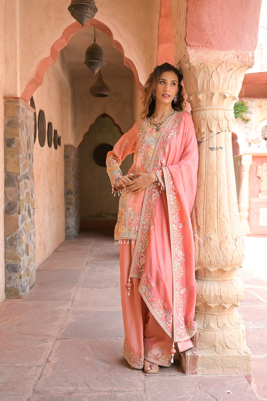 Radha | Peach Embroidered Pakistani Style Suit for Women