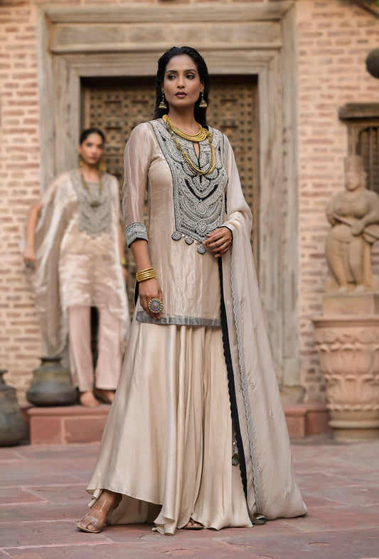Resham | Luxury Beige Sharara Set with Embellished Kurta and Dupatta