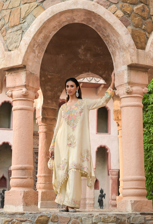 Chand | Beige Embroidered High low Suit