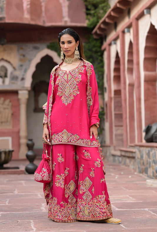 Jodha | Fuchsia pink embroidered palazzo suit set