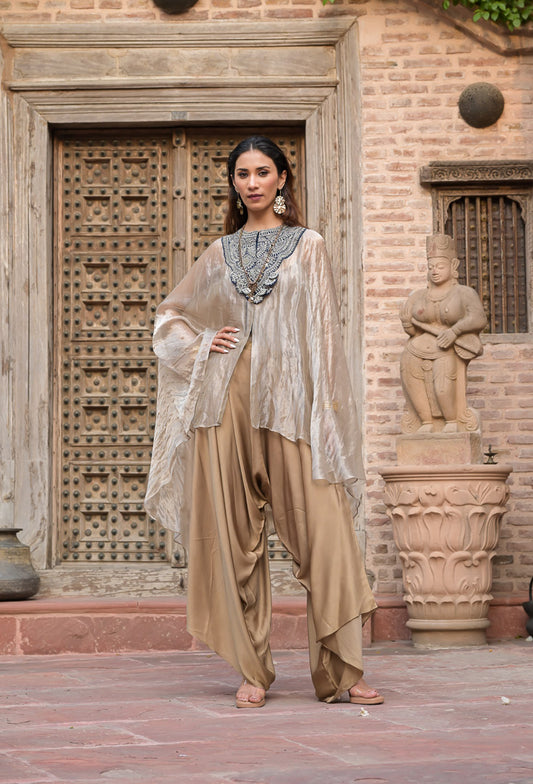 Chanderi | Golden Draped Kaftan Style Suit with Embellished Neckline