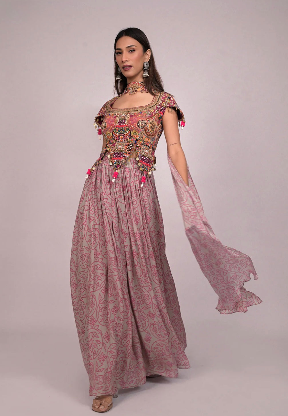 Rose Hand-Embroidered blouse lehenga with Choker dupatta with Potli Bag