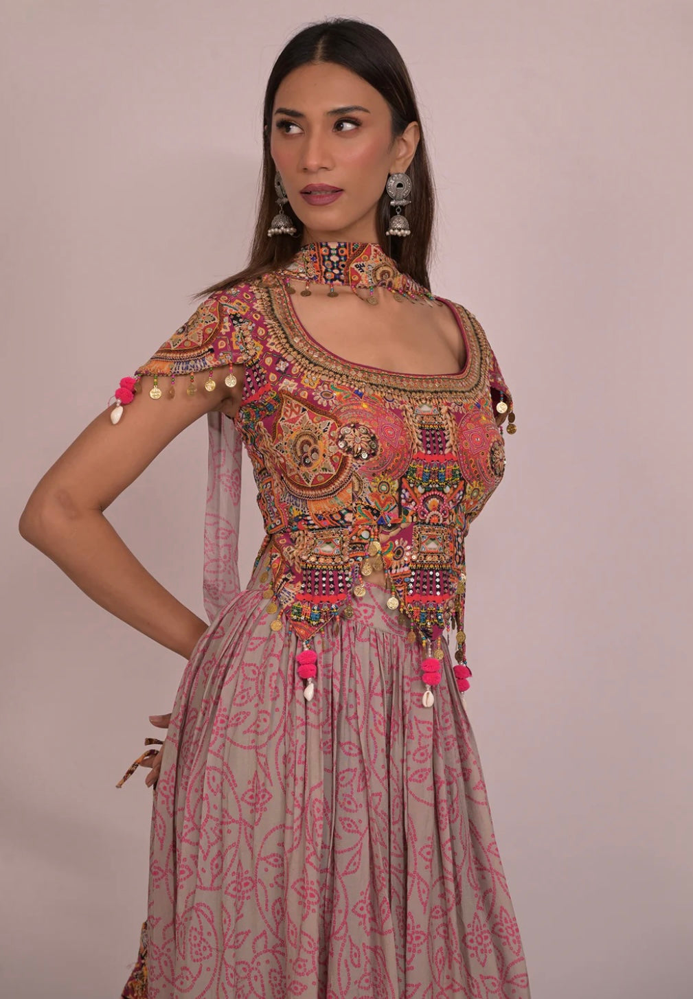 Rose Hand-Embroidered blouse lehenga with Choker dupatta with Potli Bag