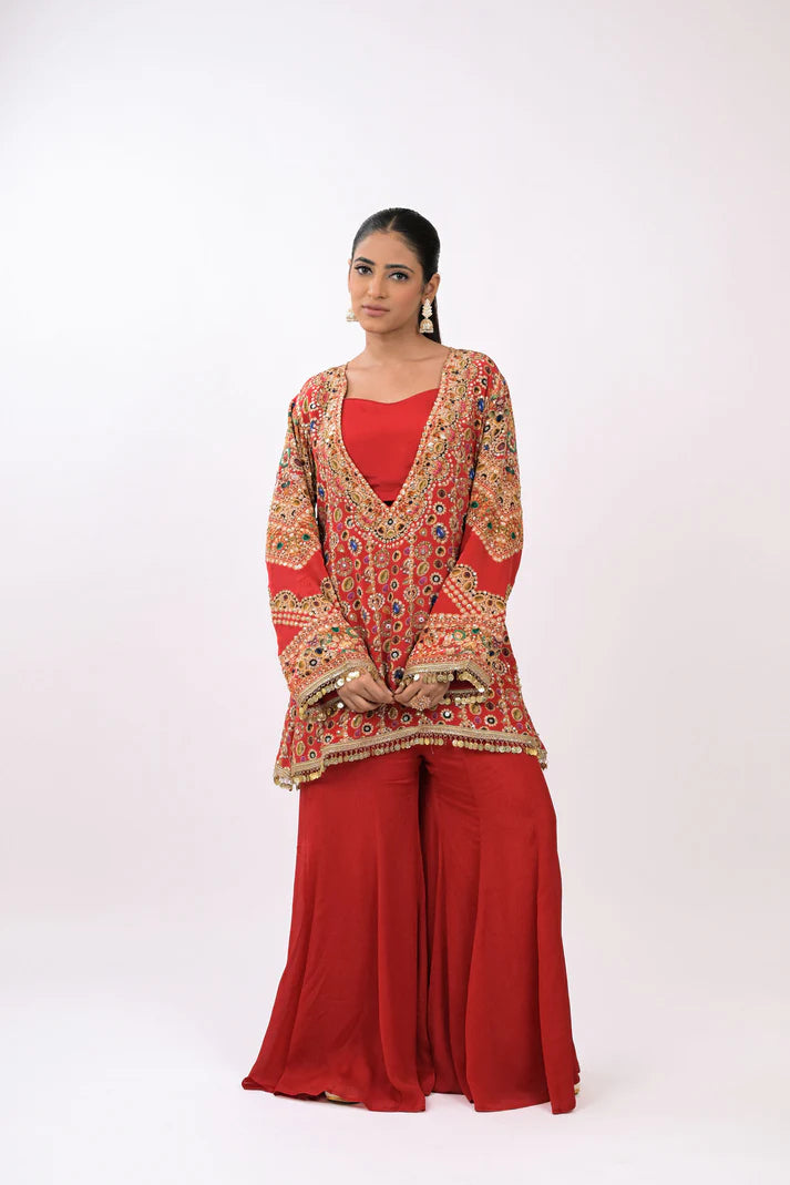 Zubair | Red Sharara Coord Set