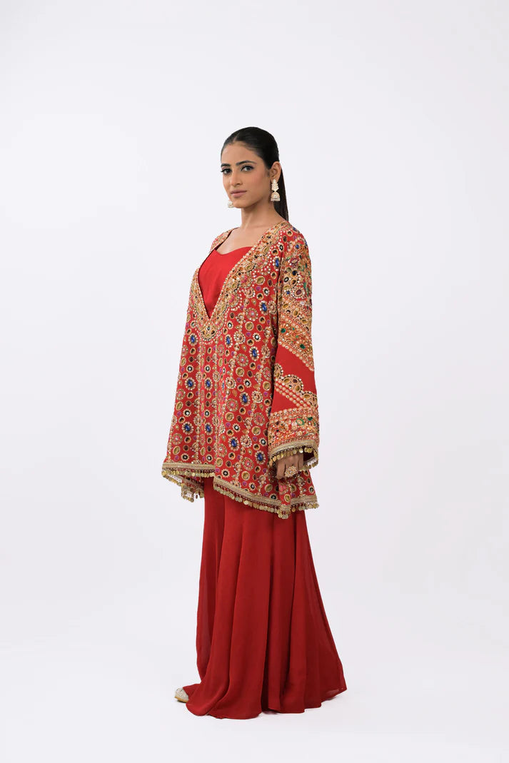 Zubair | Red Sharara Coord Set