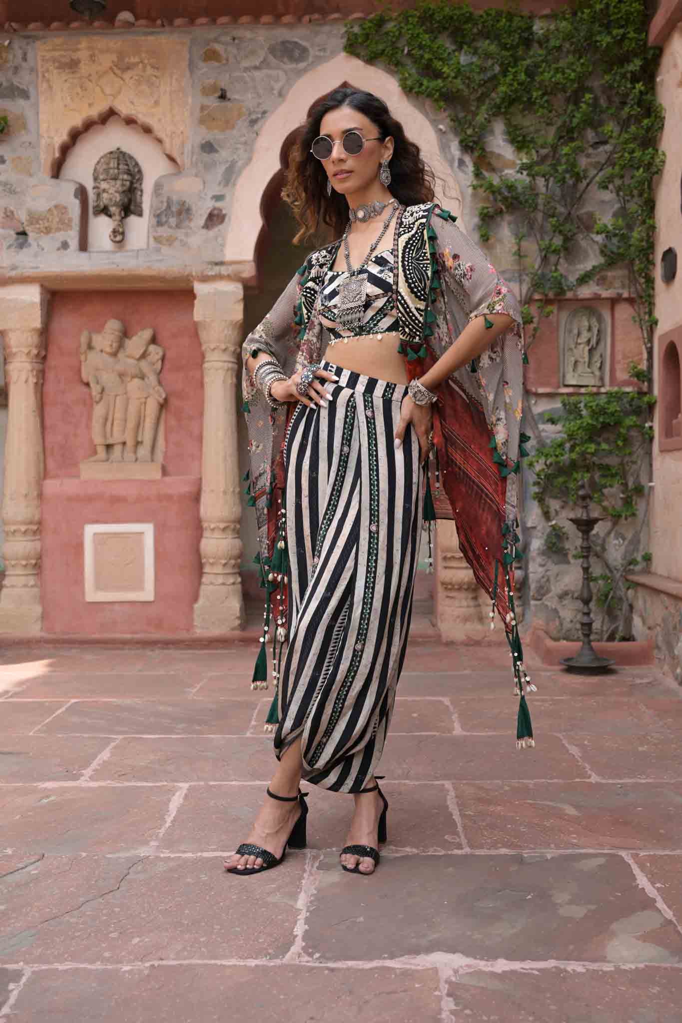 Stree | Bohemian Crop Top with Doodi Pants in Black & White stripes