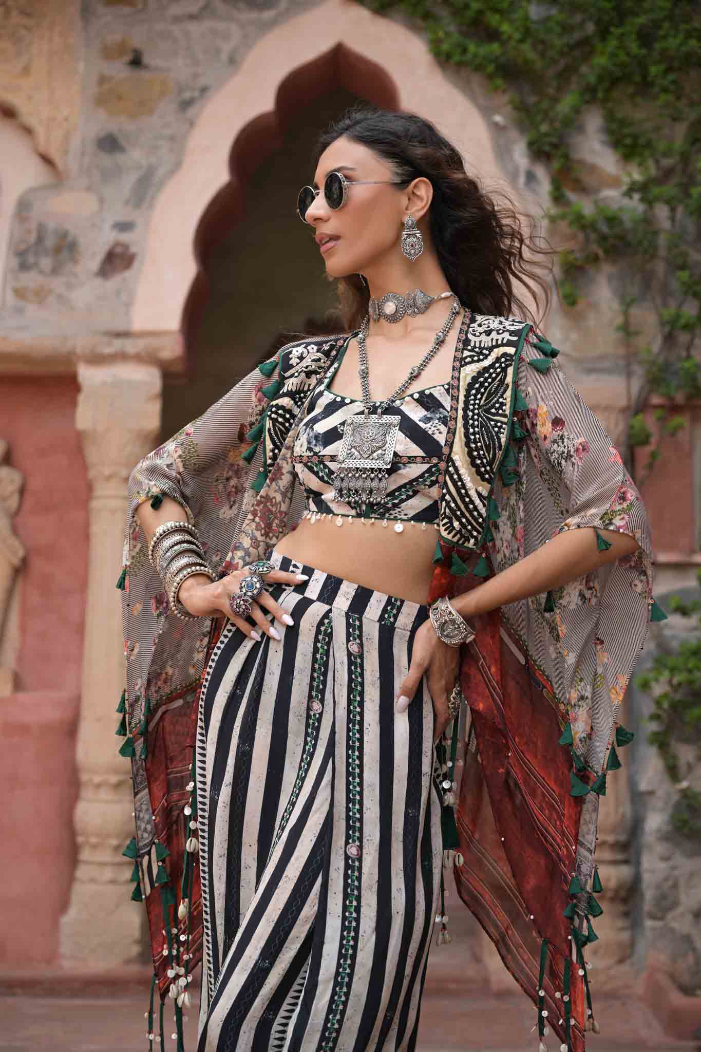 Stree | Bohemian Crop Top with Doodi Pants in Black & White stripes