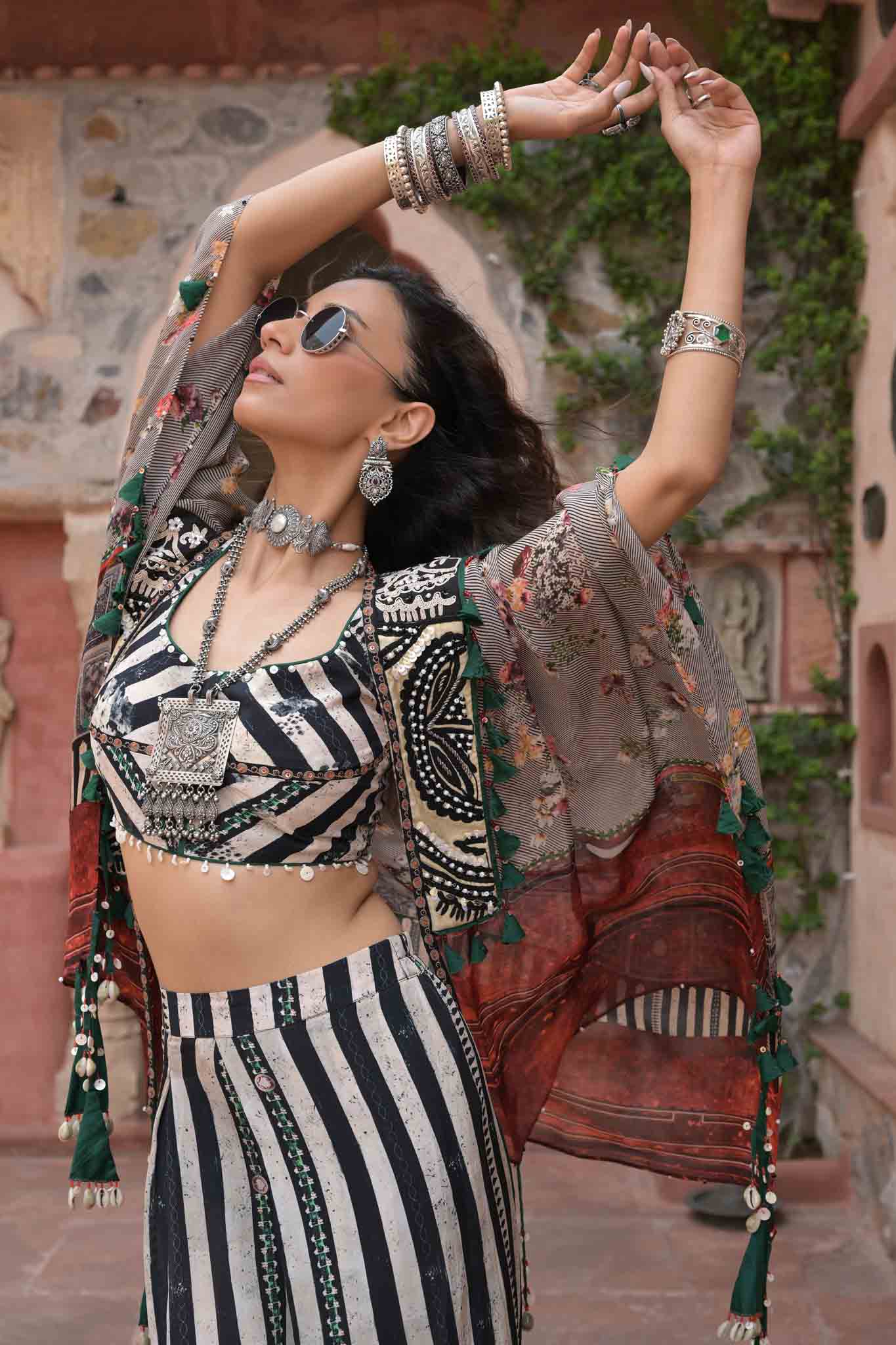 Stree | Bohemian Crop Top with Doodi Pants in Black & White stripes