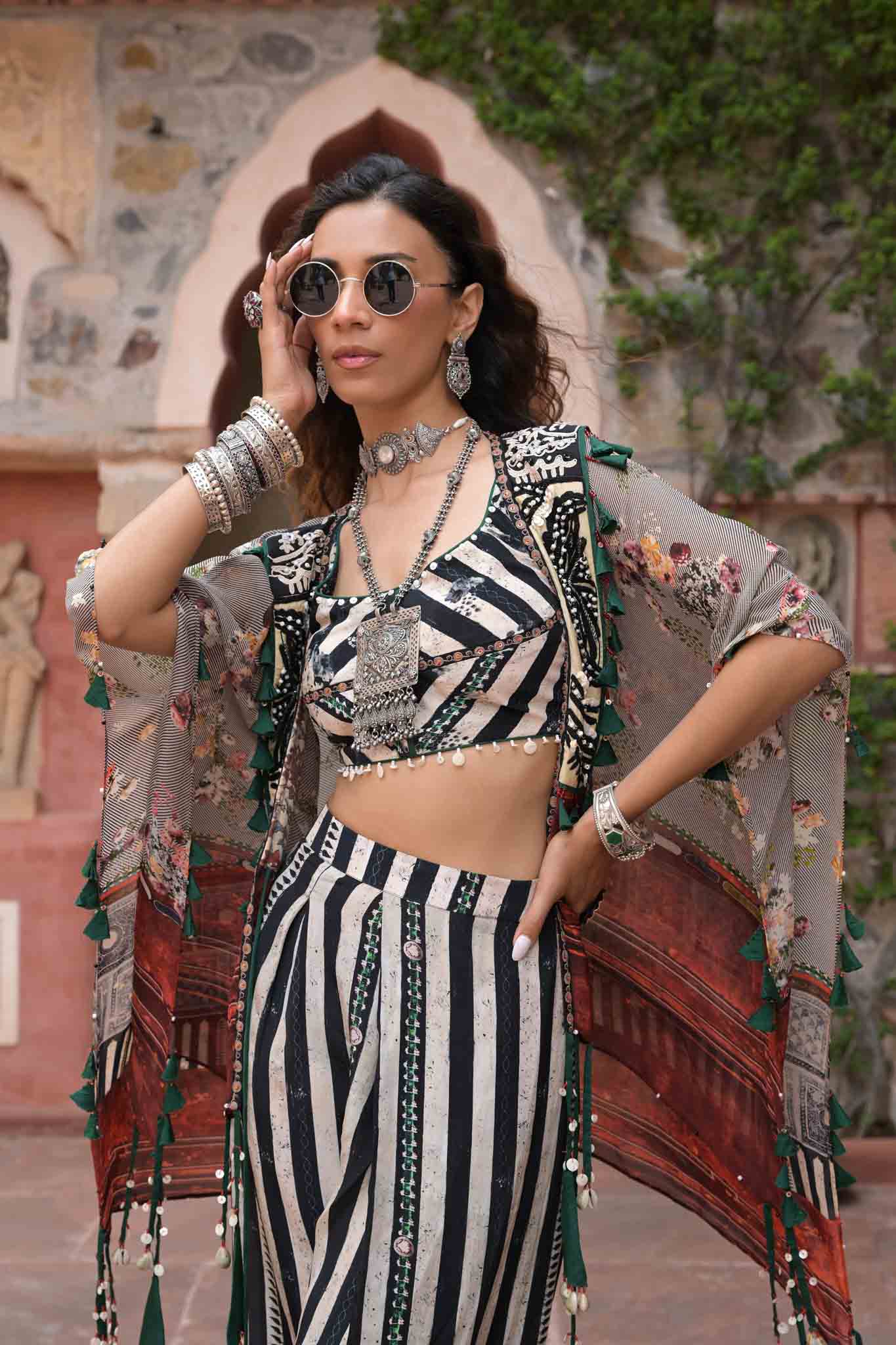 Stree | Bohemian Crop Top with Doodi Pants in Black & White stripes
