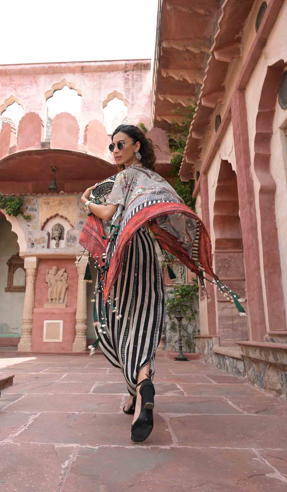 Stree | Bohemian Crop Top with Doodi Pants in Black & White stripes