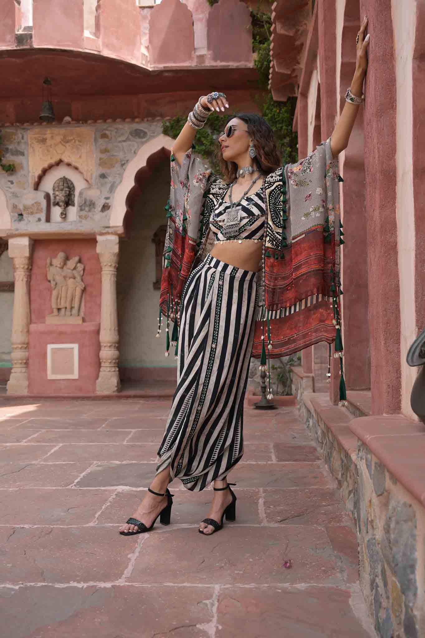 Stree | Bohemian Crop Top with Doodi Pants in Black & White stripes
