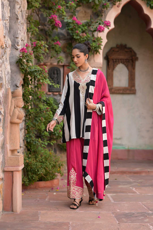 Gulab | Black & White Striped Kurta with Pink Embroidered Palazzo Set