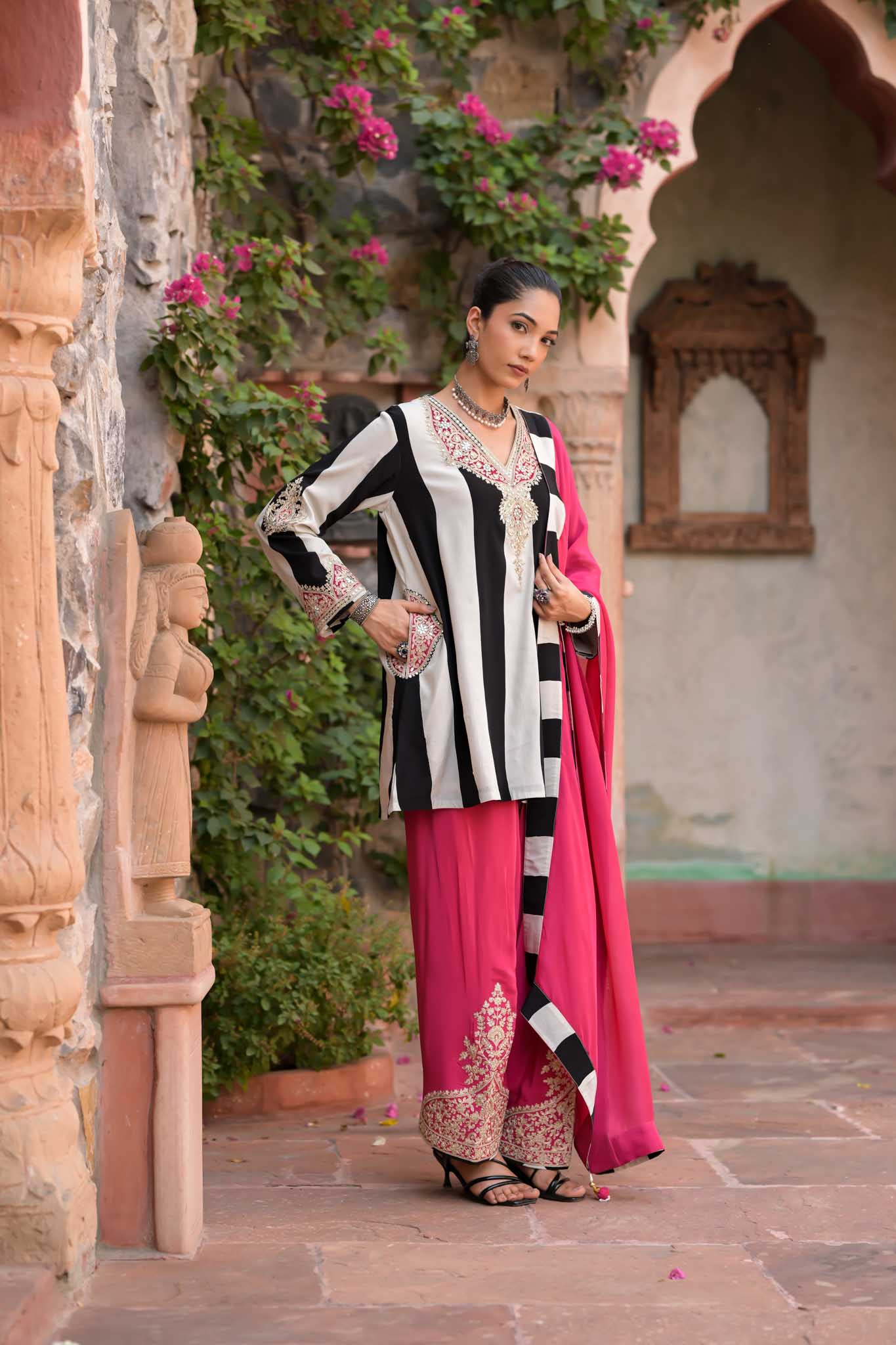 Gulab | Black & White Striped Kurta with Pink Embroidered Palazzo Set
