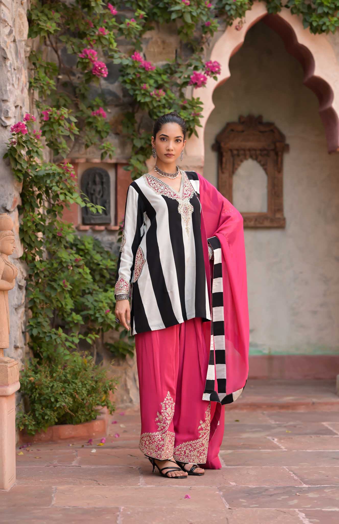Gulab | Black & White Striped Kurta with Pink Embroidered Palazzo Set