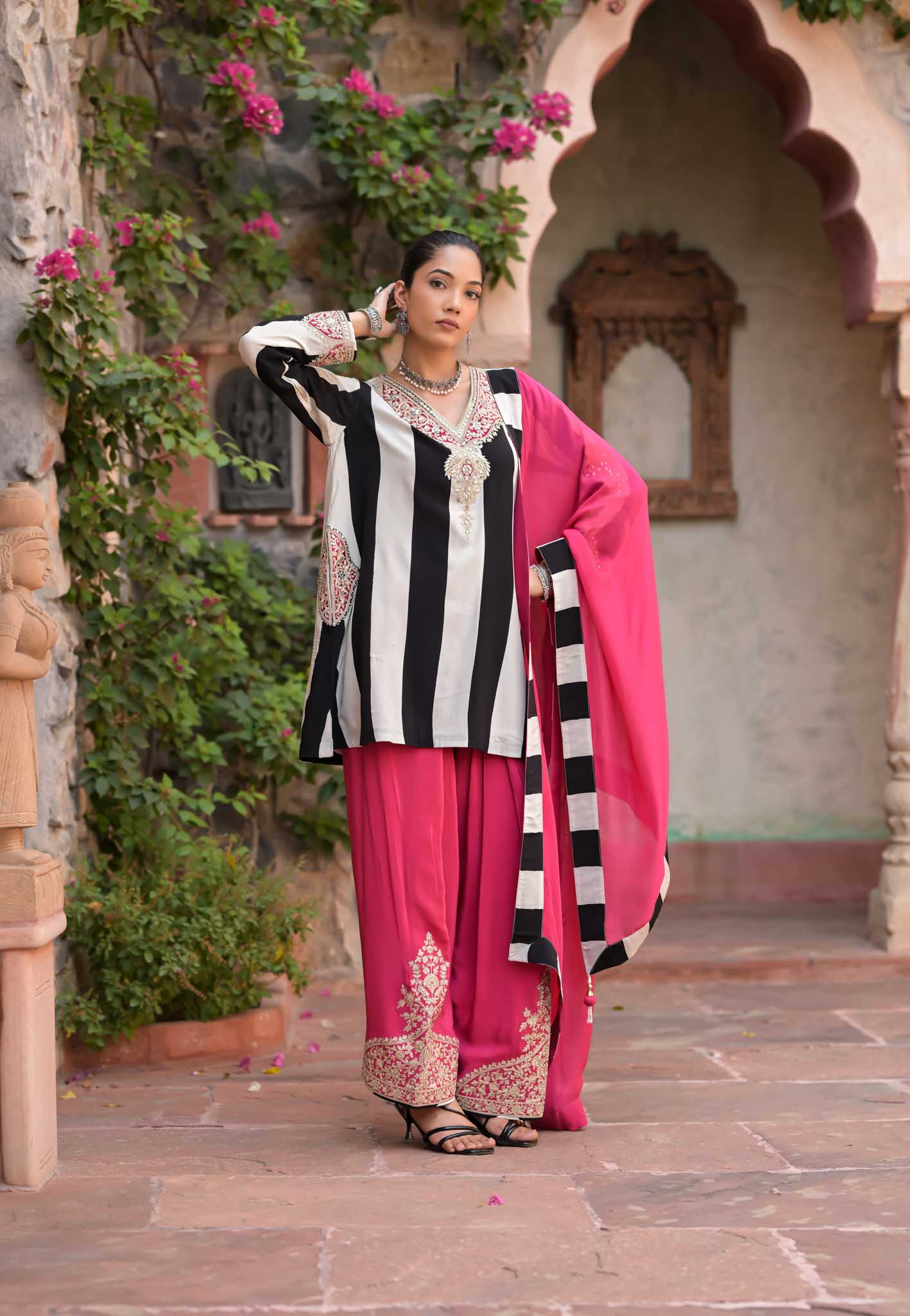 Gulab | Black & White Striped Kurta with Pink Embroidered Palazzo Set