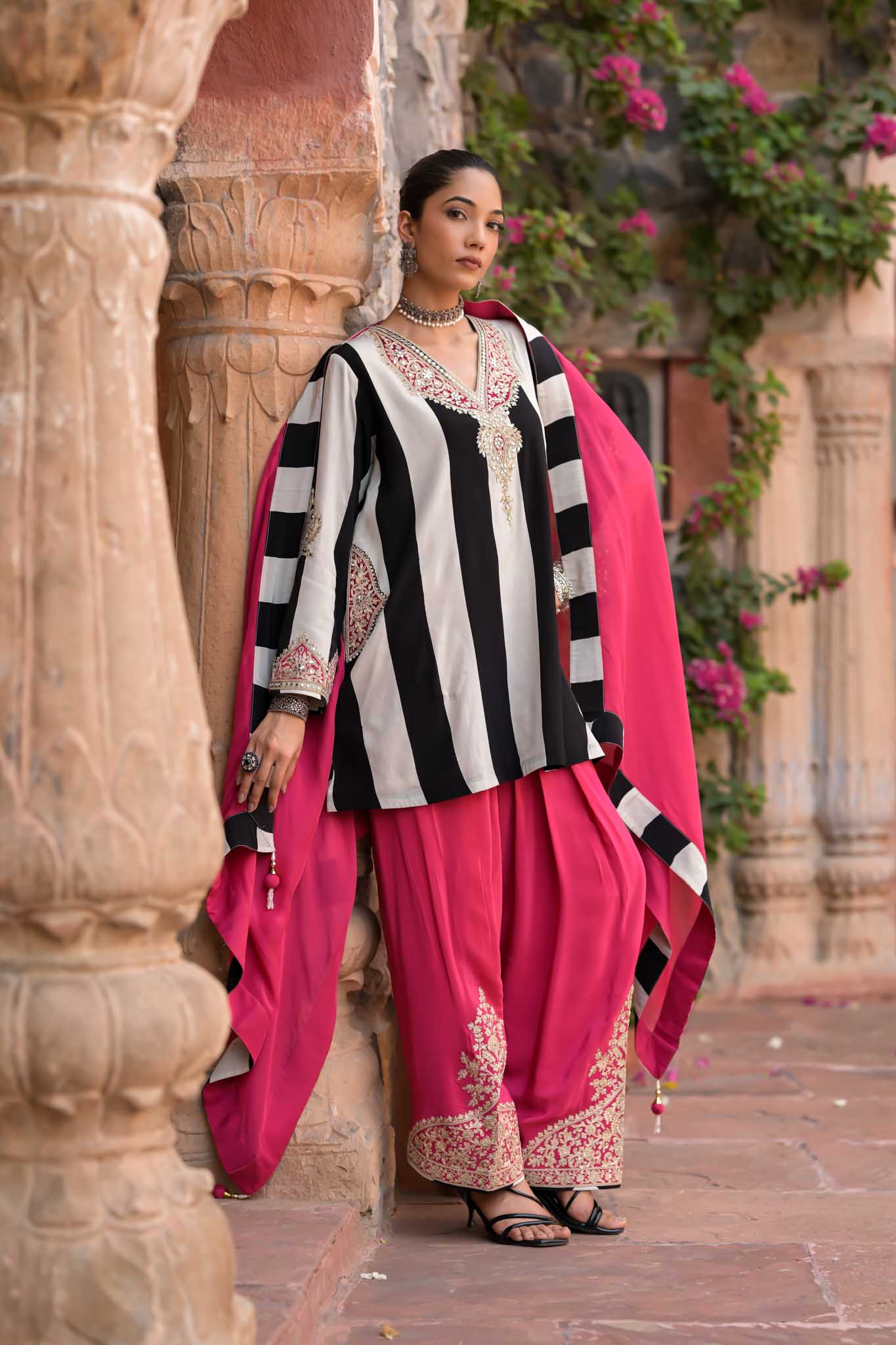 Gulab | Black & White Striped Kurta with Pink Embroidered Palazzo Set