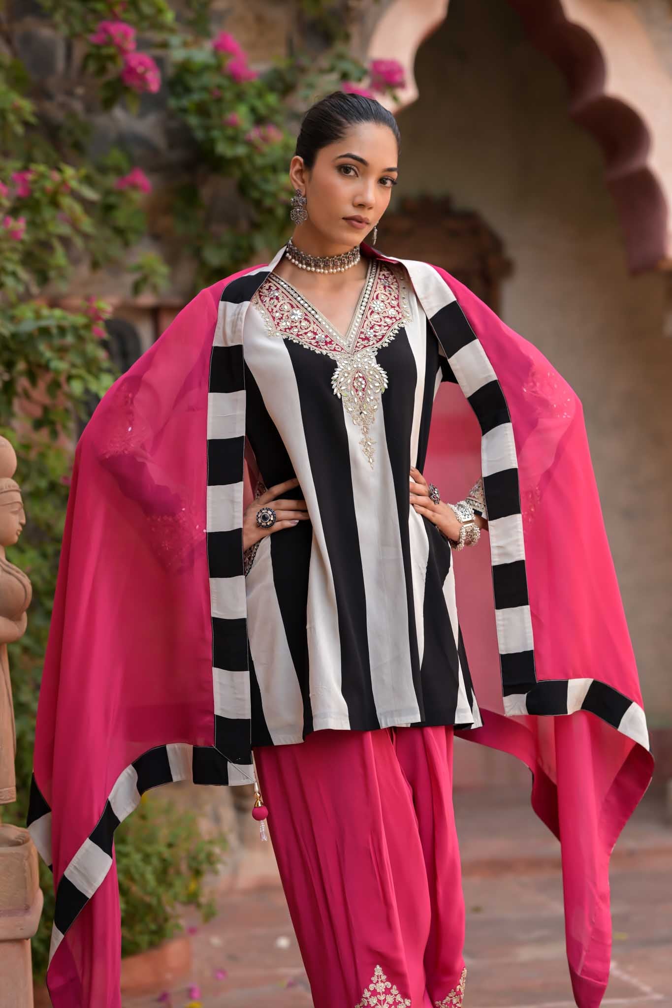 Gulab | Black & White Striped Kurta with Pink Embroidered Palazzo Set