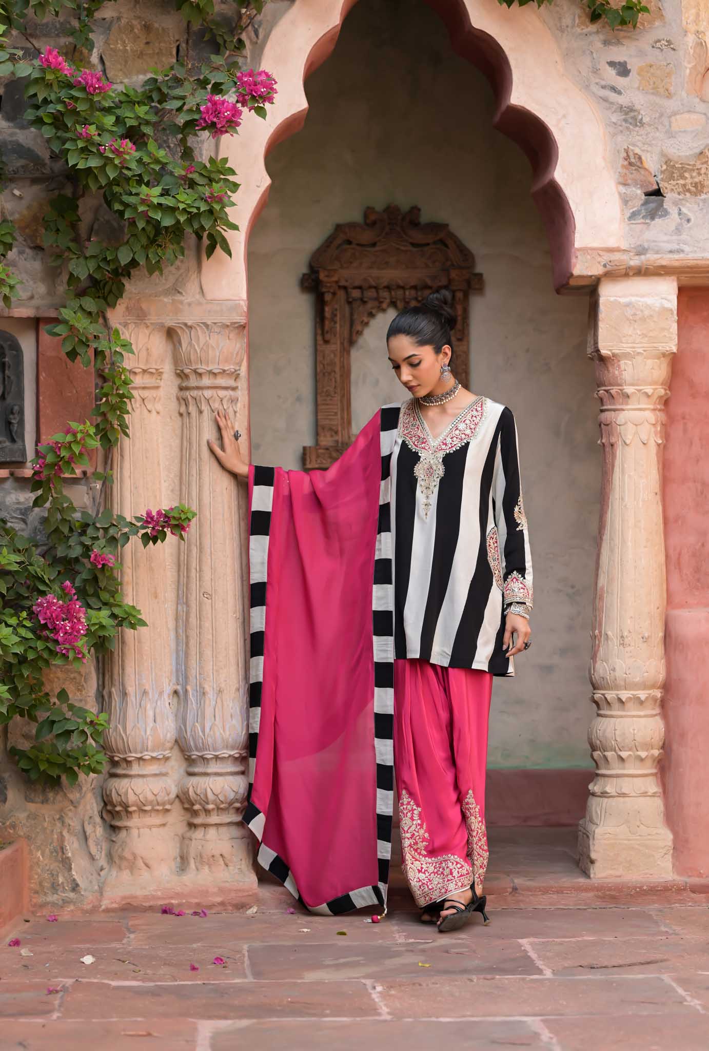 Gulab | Black & White Striped Kurta with Pink Embroidered Palazzo Set