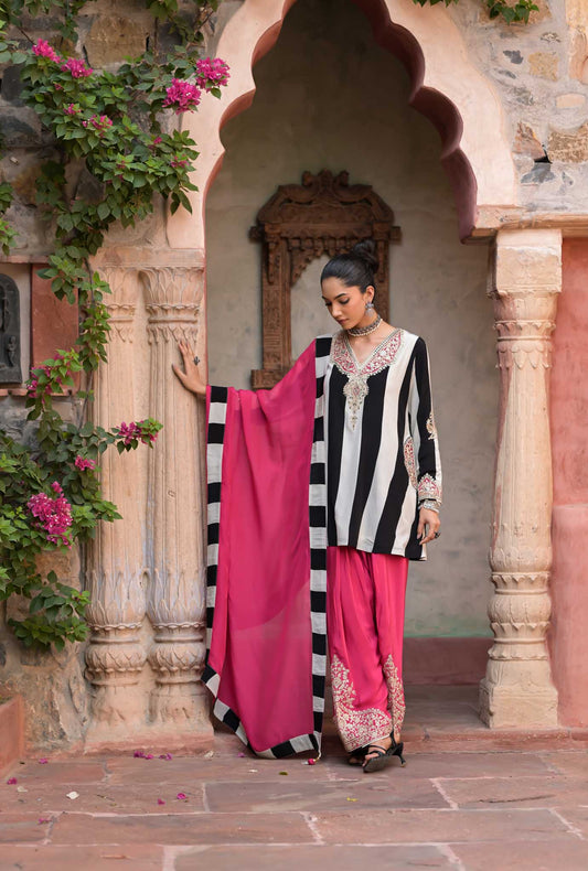 Gulab | Black & White Striped Kurta with Pink Embroidered Palazzo Set