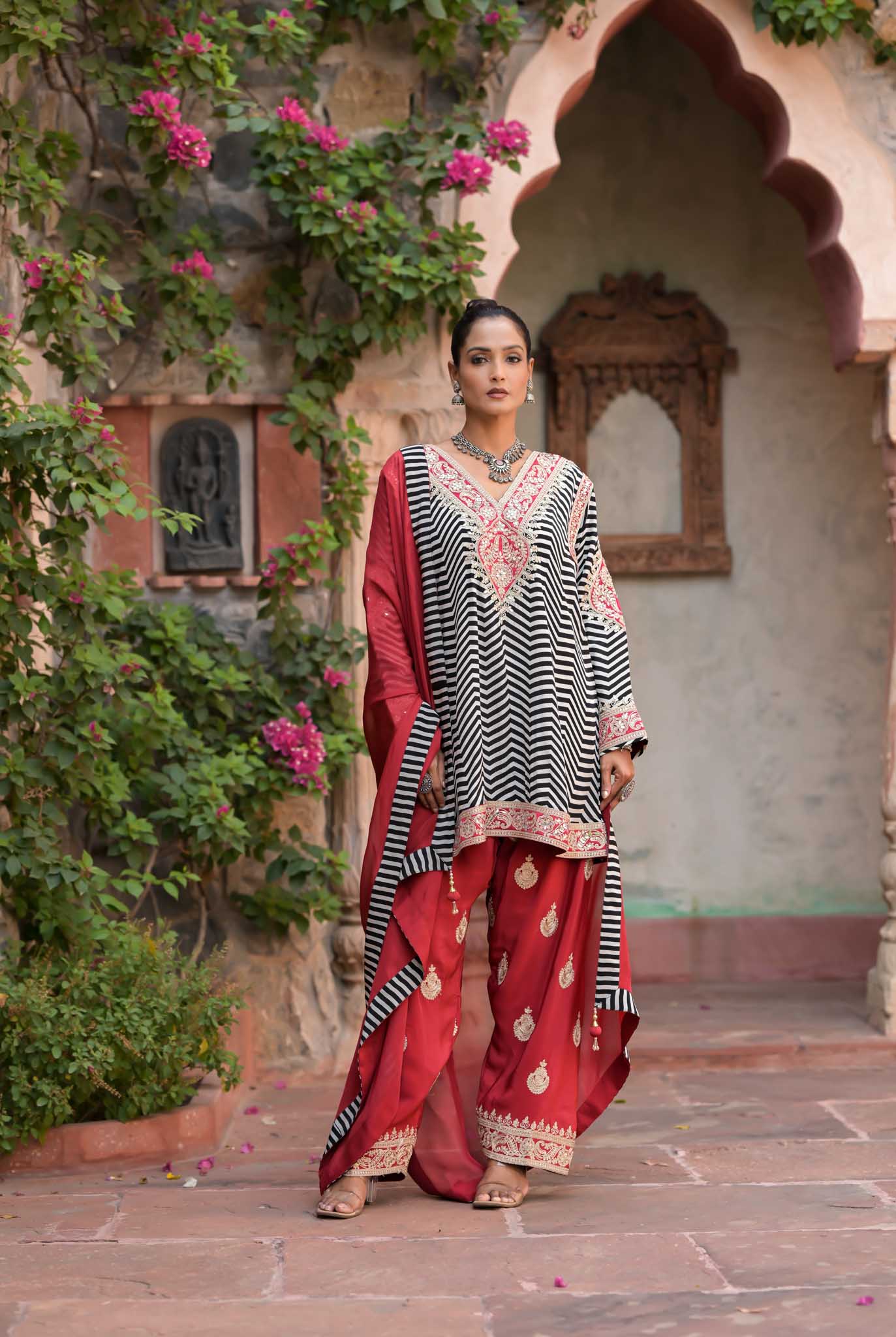 Adah | Ankhira Stripes Kurta with Red Embroidered Palazzo & Dupatta Set
