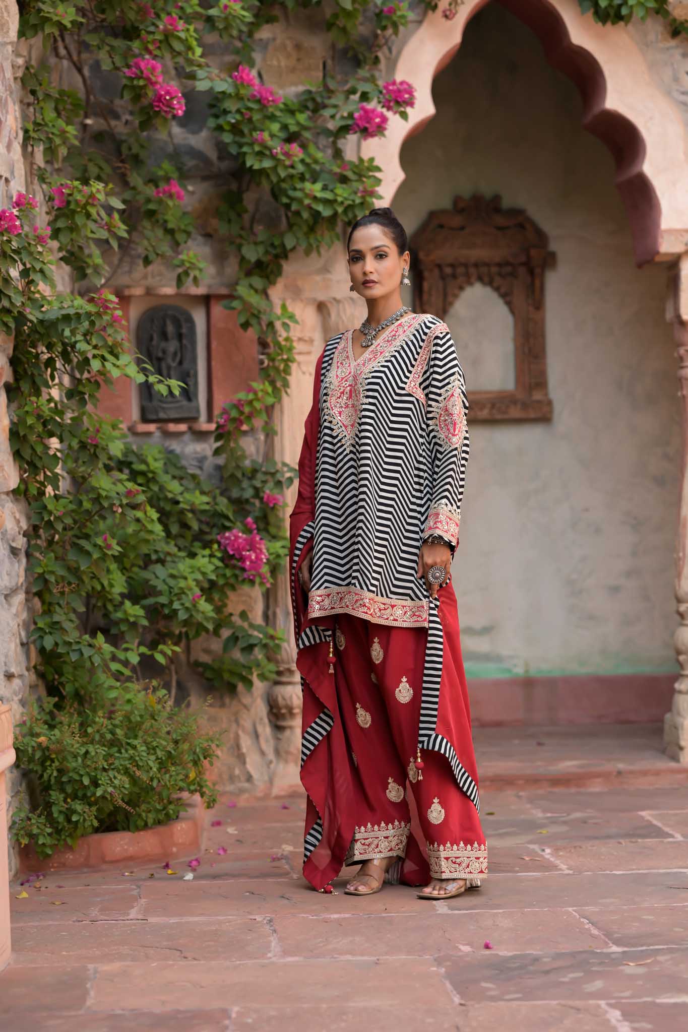 Adah | Ankhira Stripes Kurta with Red Embroidered Palazzo & Dupatta Set