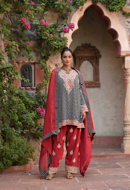 Adah | Ankhira Stripes Kurta with Red Embroidered Palazzo & Dupatta Set