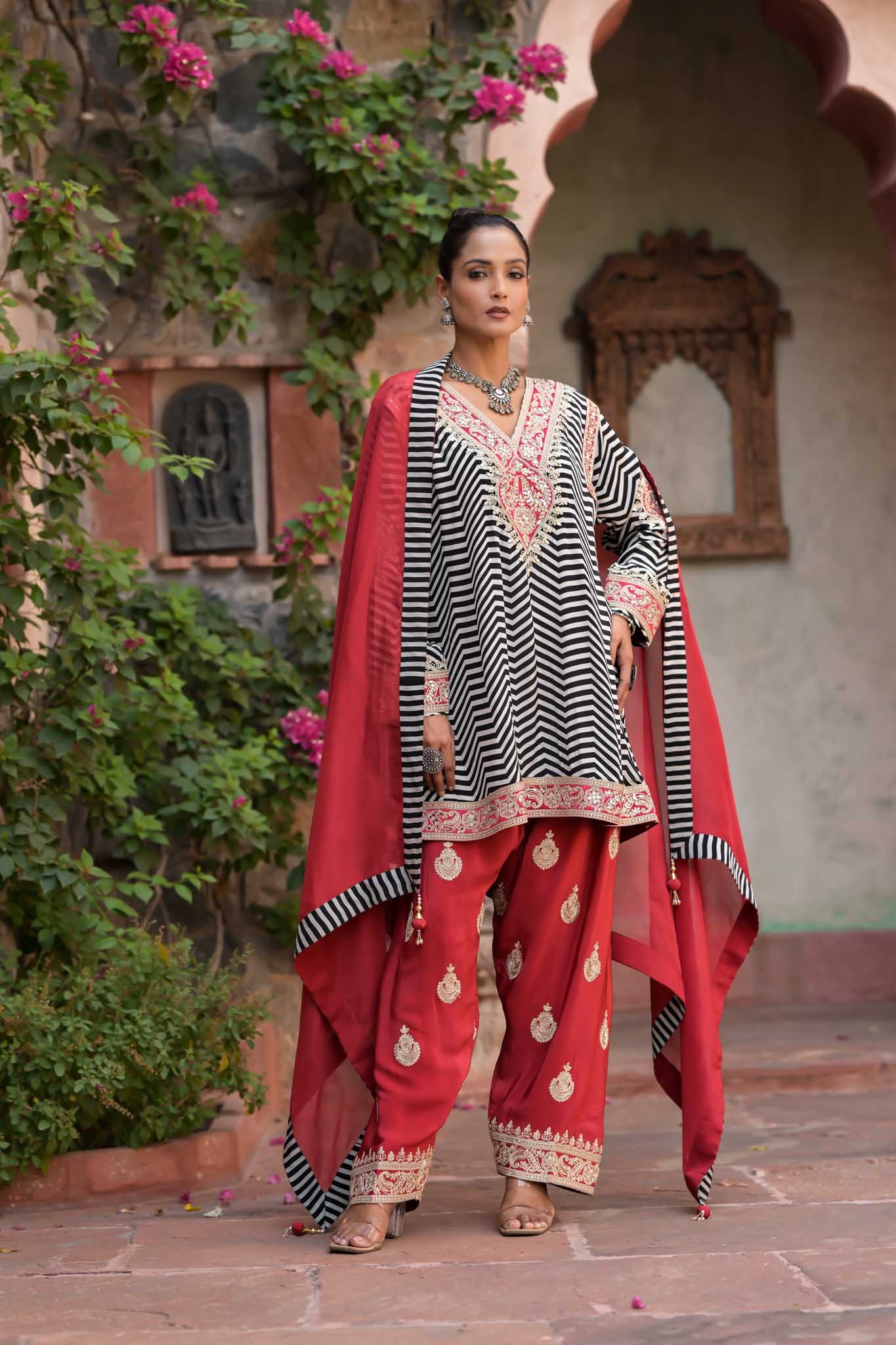 Adah | Ankhira Stripes Kurta with Red Embroidered Palazzo & Dupatta Set