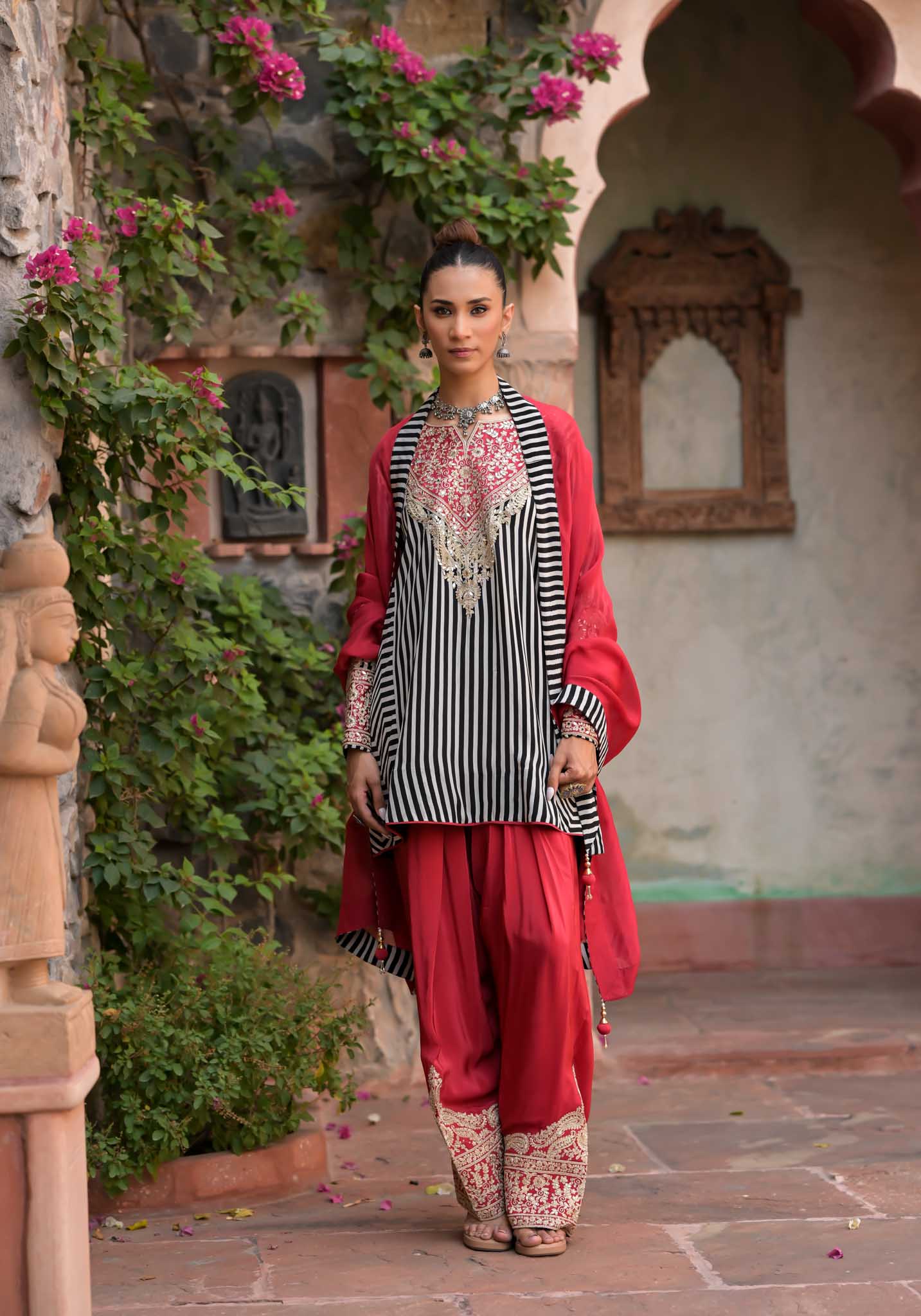 Meher | Black & White Striped Kurta with Red Embroidered Palazzo & Dupatta Set