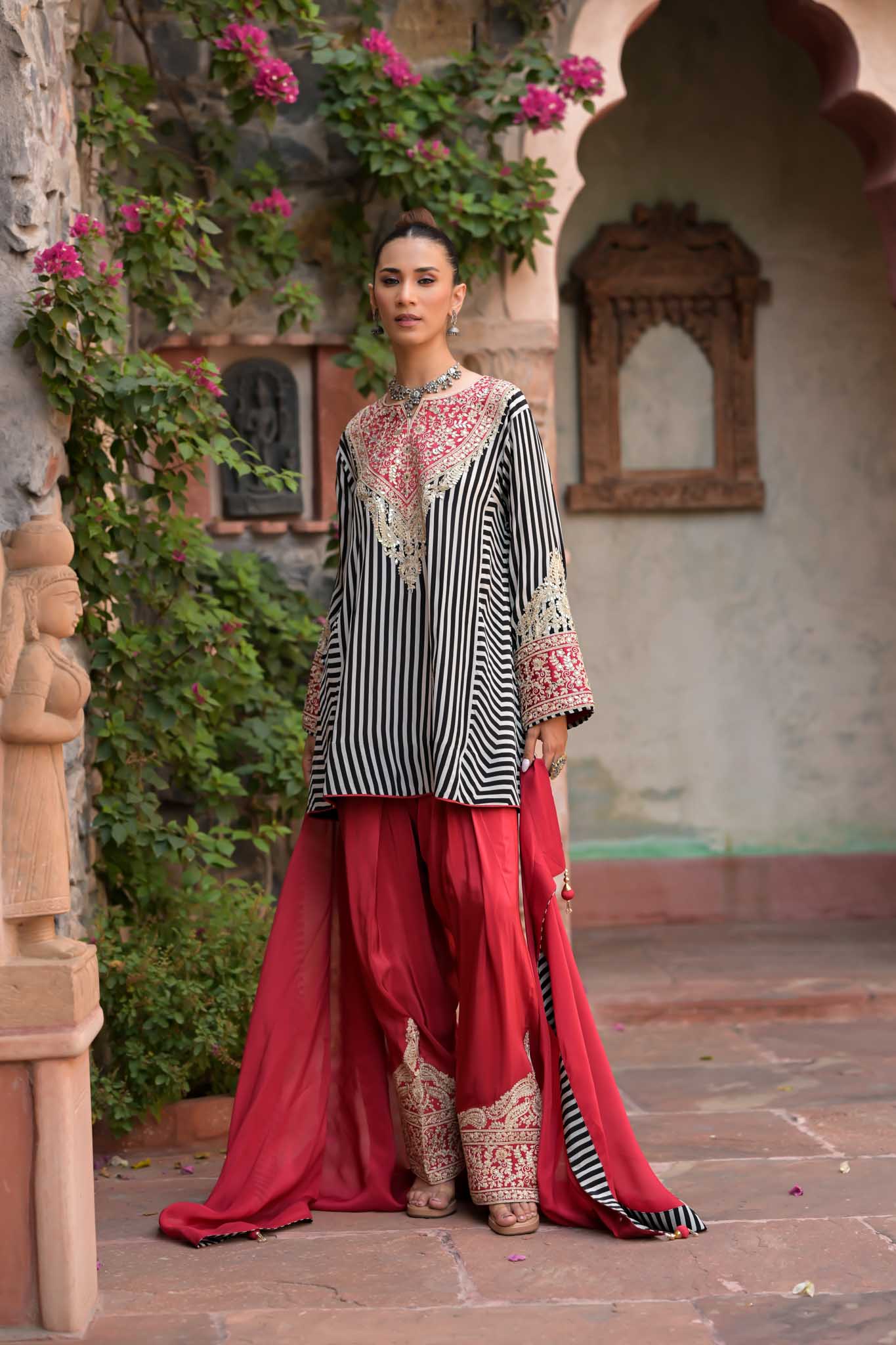 Meher | Black & White Striped Kurta with Red Embroidered Palazzo & Dupatta Set